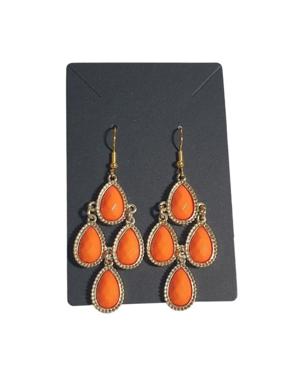 Orange Gold Dangle Chandelier Earrings Teardrop Faceted Hook Lightweight Boho